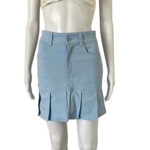 Halara High Waisted Cotton Button Half Zip Pleated Hem Mini Skirt sky blue- Med
